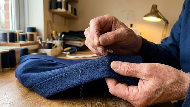 Mãos de alfaiate experiente fazendo barra de manga em blazer navy, focando na precisão da costura de luxo silencioso feminino