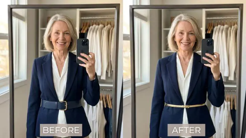 Mulher madura sorrindo em selfie de espelho, mostrando o efeito transformador de trocar um cinto largo por um cinto fino cônico dourado em estilo de luxo silencioso feminino.