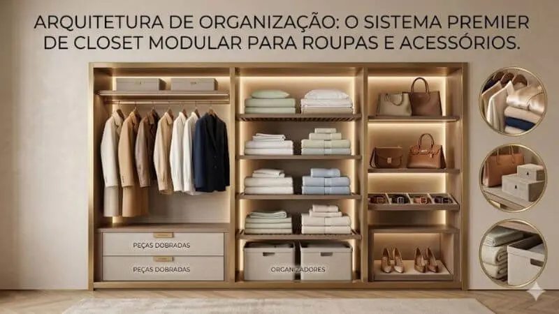 Imagem de um closet modular de alto padrão em tons de bege e dourado com iluminação interna. O armário está perfeitamente organizado com sobretudos em cabides, pilhas de roupas dobradas simetricamente e nichos para bolsas e sapatos de luxo. No topo da imagem, o texto: "ARQUITETURA DE ORGANIZAÇÃO: O SISTEMA PREMIER DE CLOSET MODULAR PARA ROUPAS E ACESSÓRIOS."