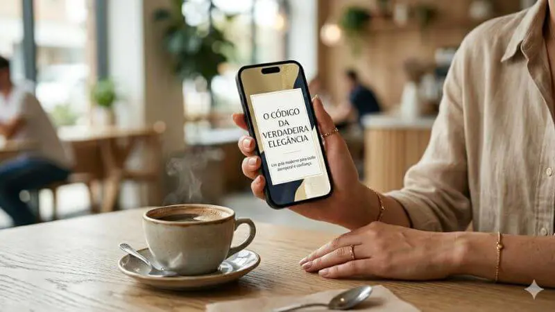 •Close-up de mão segurando smartphone mostrando capa de eBook sobre elegância real em café aconchegante.