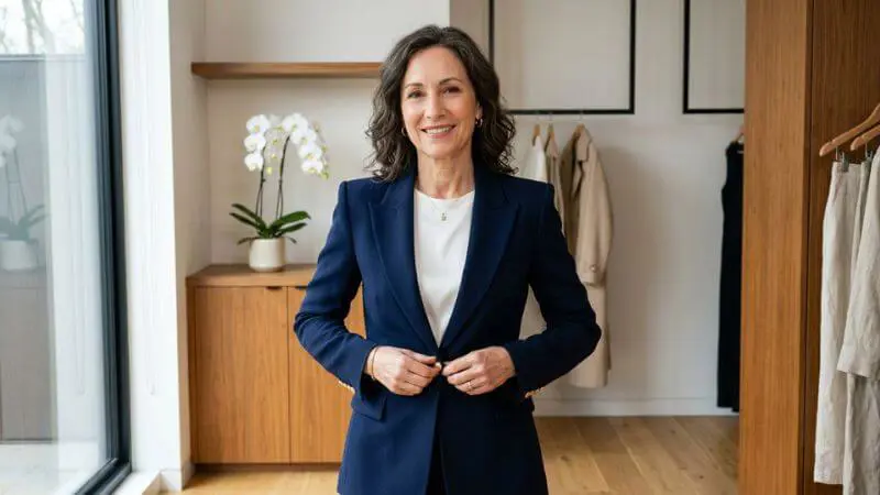 Mulher madura de 50 anos vestindo um blazer navy estruturado em crepe pesado, focando no caimento e estilo de luxo silencioso feminino.