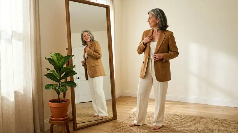 Mulher de 48 anos experimentando blazer de linho camel estruturado em espelho, textura do tecido em destaque