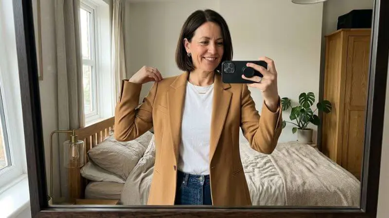 Selfie de espelho de mulher madura ajustando ombro de blazer estruturado camel sobre look básico jeans e camiseta branca