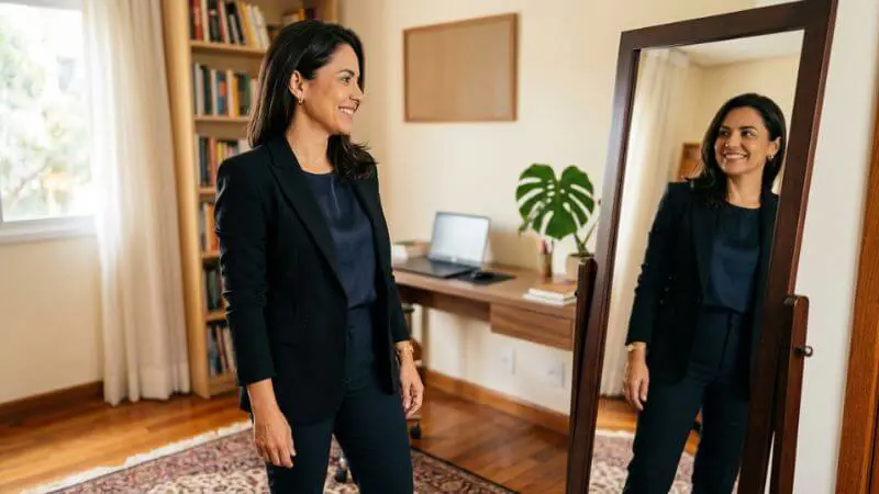 Mulher de 45 anos vestindo blazer de crepe estruturado, demonstrando caimento e postura elegante