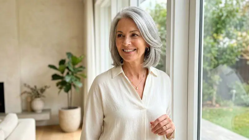 Mulher de 58 anos com cabelo grisalho brilhante e bem cuidado à luz natural, postura confiante e elegante