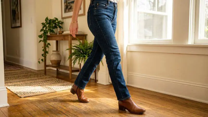 Detalhe de calça jeans reta feminina em lavagem escura com caimento perfeito.