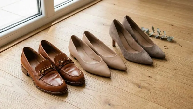 Trio de calçados femininos elegantes — loafer couro cognac, sapatilha nude e scarpin médio taupe sobre madeira clara