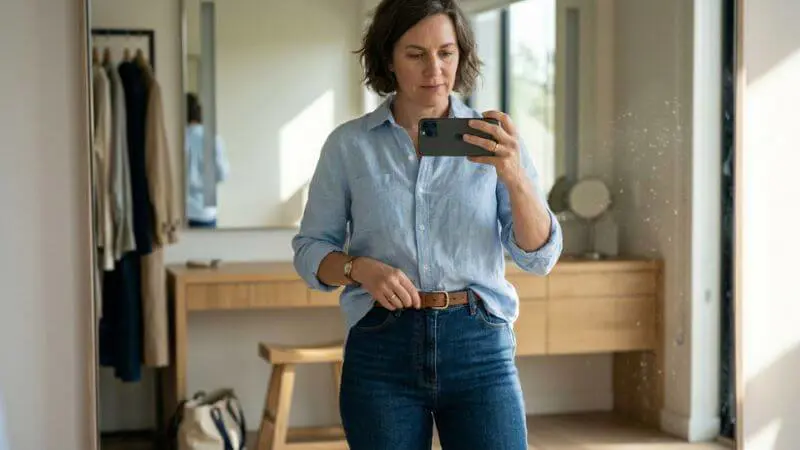Selfie de espelho focando na cintura de mulher madura ajustando cinto fino de couro marão sobre jeans e camisa half-tuck