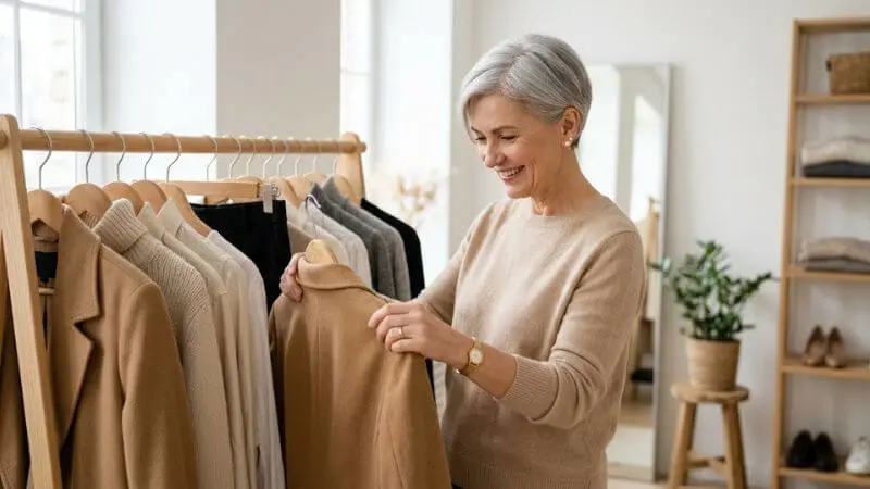 Mulher de 50 anos com cabelo curto grisalho experimentando roupas neutras em closet iluminado, estética luxo silencioso