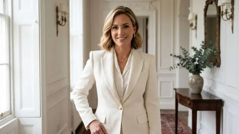 •Detalhe de blazer estruturado off-white em mulher com corpo triângulo (pera), equilibrando silhueta.