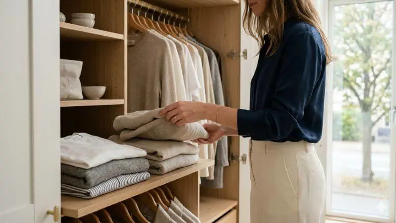 Mãos de mulher organizando cabides em um guarda-roupa minimalista com luz natural.
