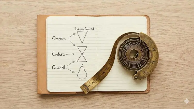 Flat lay com caderno de anotações de medidas corporais e fita métrica de latão, guia prático