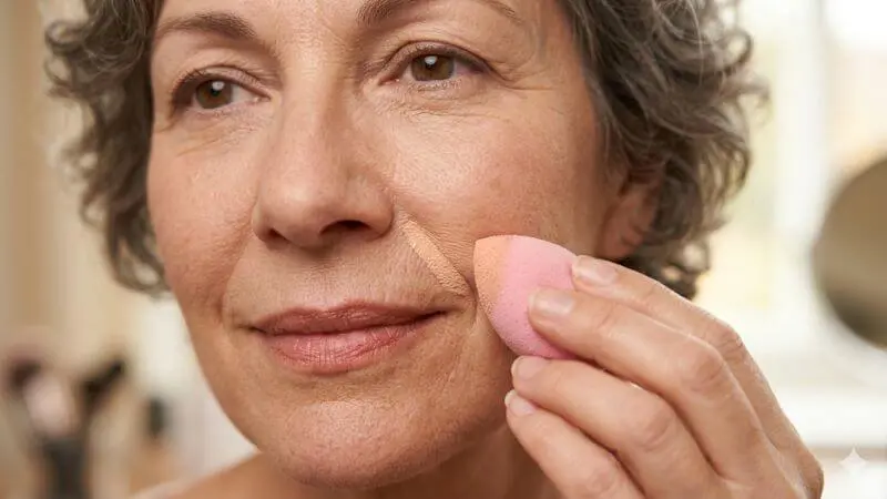 Detalhe de esponja de maquiagem aplicando corretivo leve nas linhas de expressão.