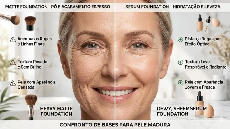 Comparação entre base pesada que marca rugas e base fluida que deixa viço natural.