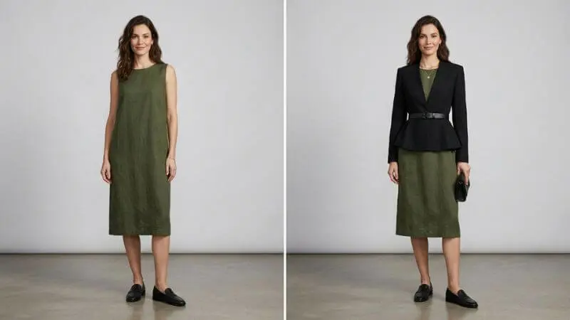 Diptico mostrando a mesma mulher com corpo retângulo usando vestido reto vs vestido acinturado com cinto e casaco