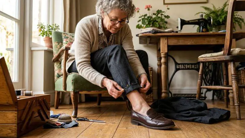 Close-up de mulher madura de 60 anos prendendo barra de calça de alfaiataria sobre loafer de couro no chão de casa
