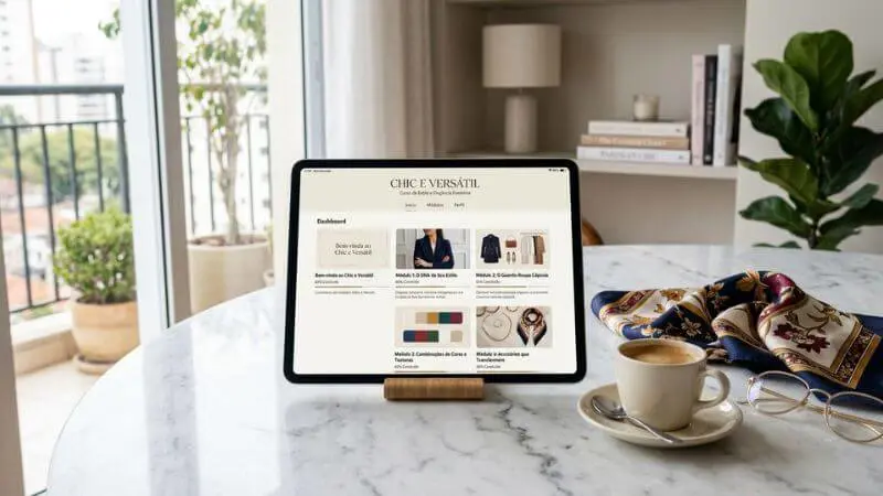 Tablet exibindo módulos do curso de estilo Chic e Versátil em uma mesa elegante com café.