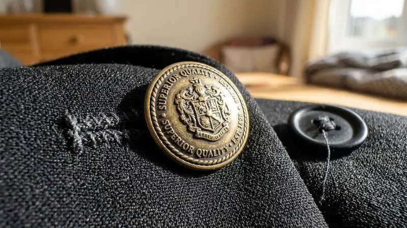 Close-up de botão metálico reforçado em blazer de qualidade versus botão de plástico barato.