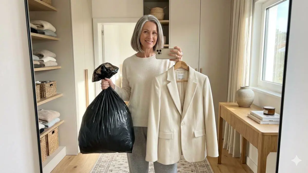 • Mulher elegante de 50 anos fazendo detox no guarda-roupa, comparando roupas velhas com um blazer novo de qualidade.