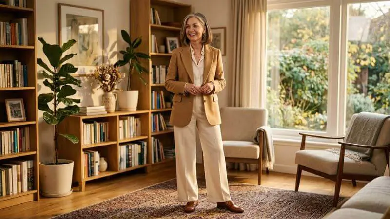 Mulher de 55 anos radiante em look completo elegante e acessível, postura confiante em sala iluminada com luz natural