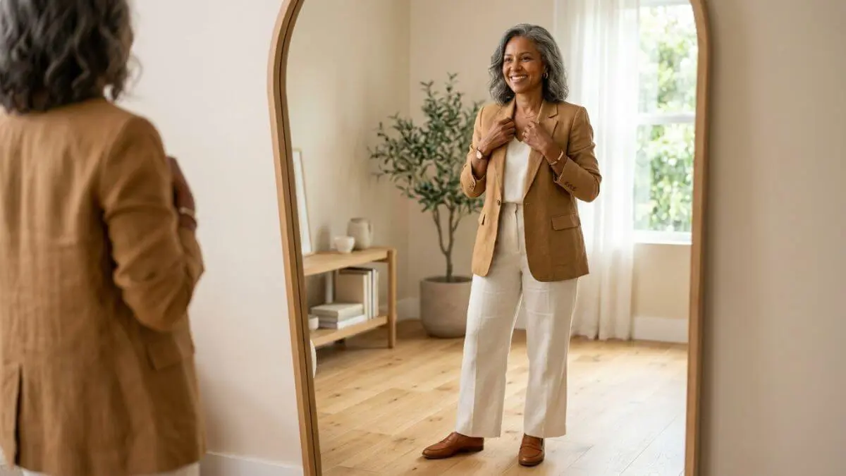 Mulher de 50 anos elegante ajustando blazer de linho camel em espelho de casa, look sofisticado e acessível