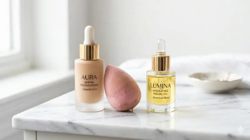 Produtos de maquiagem fluidos e esponja úmida sobre mármore, foco em texturas leves.