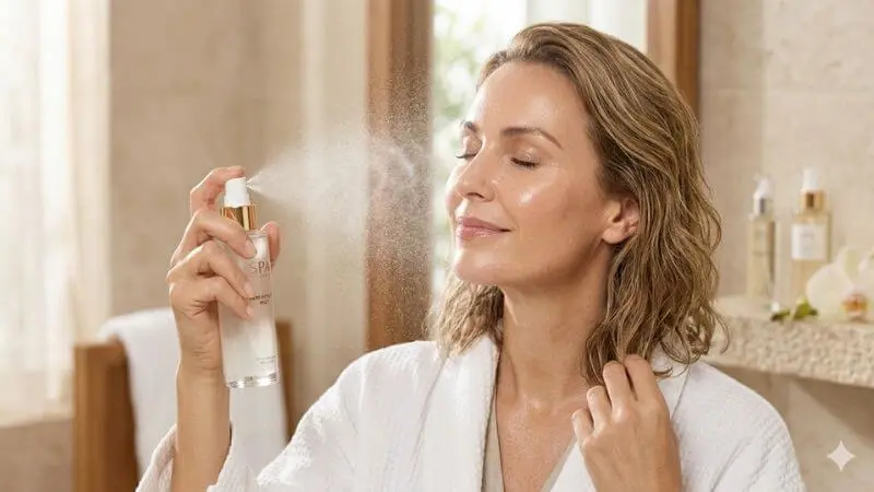 Mulher borrifando spray fixador hidratante no rosto para finalizar a maquiagem.