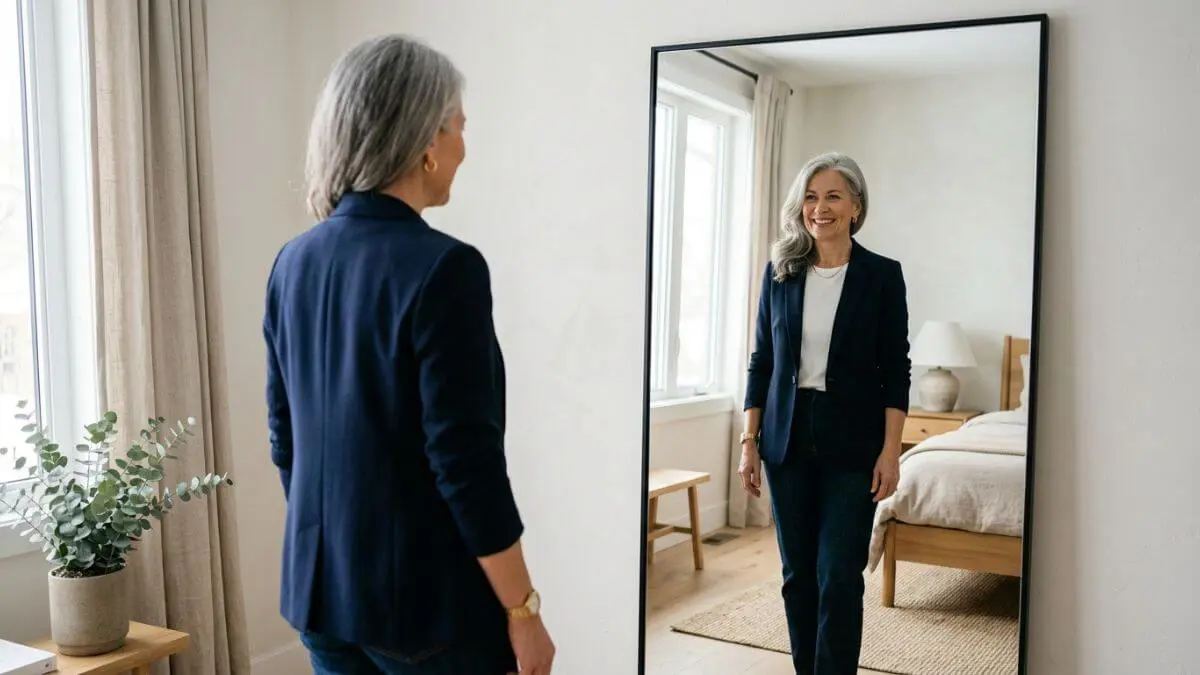 Mulher madura elegante de 50 anos vestindo blazer navy e t-shirt branca, olhando reflexo no espelho com estética de luxo silencioso feminino.