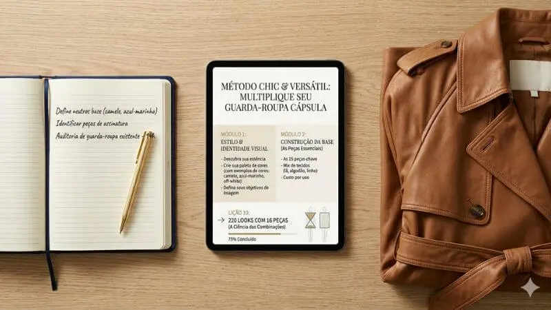 Flat lay com tablet mostrando curso online, planner e casaco de couro, representando os produtos afiliados