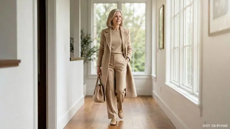 Mulher madura elegante vestindo look monocromático bege completo, caminhando em ambiente com luz natural, estilo sofisticado feminino.