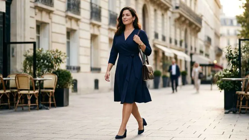 •Mulher com corpo ampulheta usando vestido wrap marinho acinturado com elegância na rua.