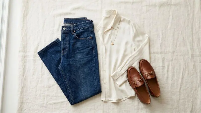 Flatlay de look acessível: jeans reto escuro, camisa de viscose e colar dourado, looks que parecem caros.