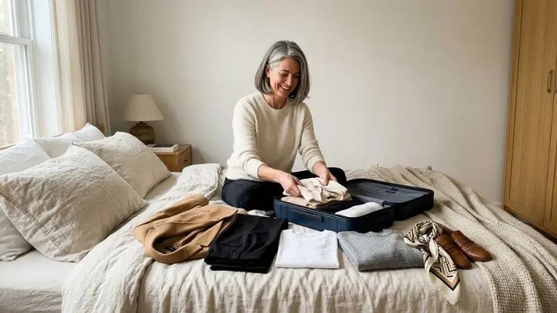 Mulher de 47 anos organizando mala cápsula com looks neutros elegantes sobre cama, ambiente claro e minimalista