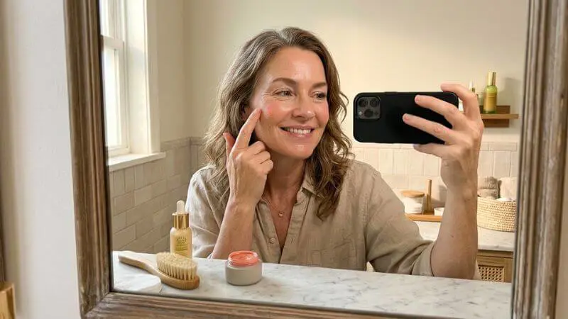Mulher de 52 anos aplicando blush cremoso com dedos, pele luminosa e natural à luz do dia, sem excessos