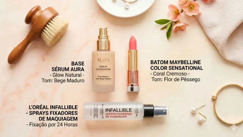 Seleção de maquiagens acessíveis: base, batom coral e fixador de maquiagem.