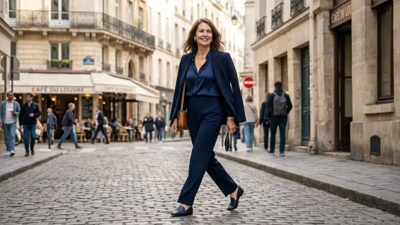 Mulher madura sorrindo andando na rua usando look total marinho elegante, efeito coluna de cor alongada