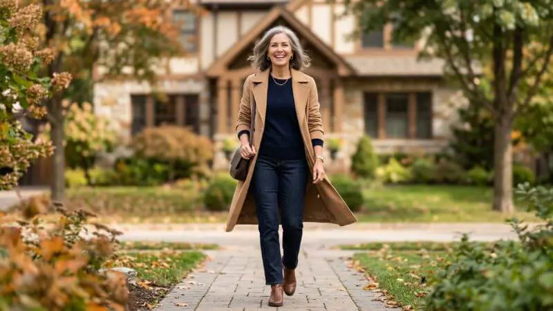 Mulher madura caminhando com confiança usando look moderno e acessível.