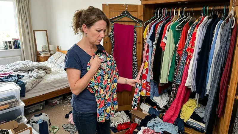 Mulher frustrada diante de guarda-roupa bagunçado e cheio de roupas baratas sem combinação.