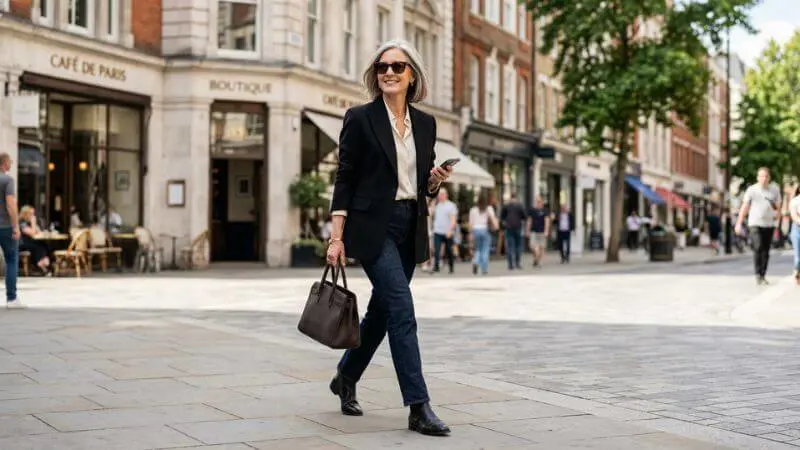 Mulher elegante de 50 anos caminhando com confiança usando look cápsula de alta qualidade.
