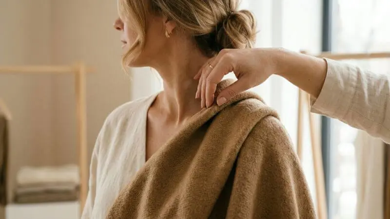 Guia dos Biotipos: Detalhe de tecido nobre sendo ajustado no ombro de mulher, ilustrando a análise de biotipo