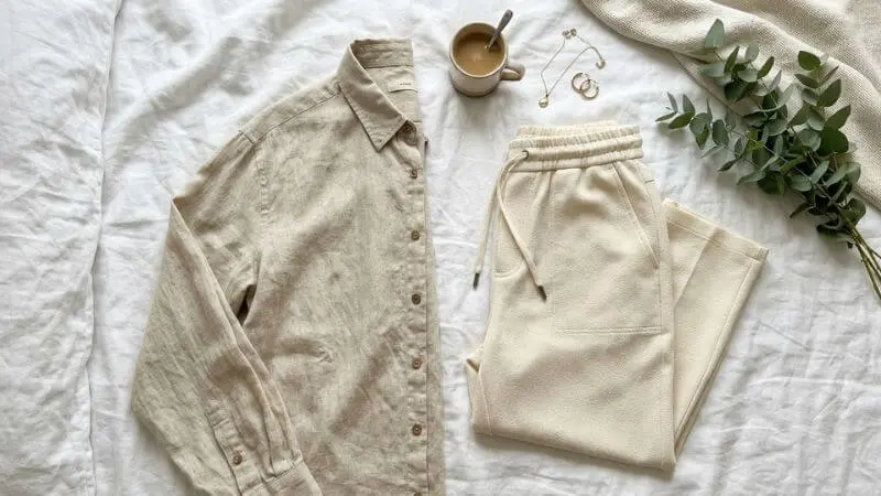 Camisa de linho e calça de crepe dobradas sobre cama branca, tecidos de qualidade.