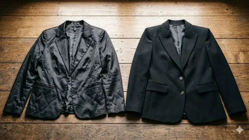 •	Comparação lado a lado de dois blazers: um barato de sintético e um caro de crepe, mostrando texturas.