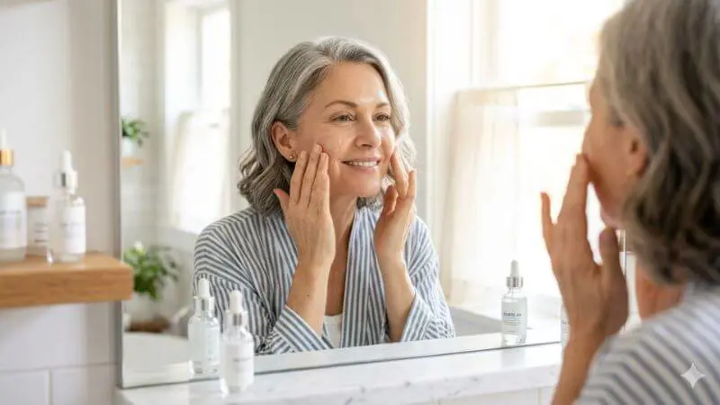 Mulher madura aplicando sérum hidratante no rosto, preparação de pele para maquiagem