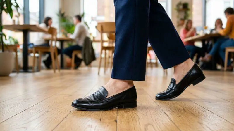 Detalhe de pés de mulher madura de 60 anos andando usando loafer de couro bico amendoado preto e calça marinho