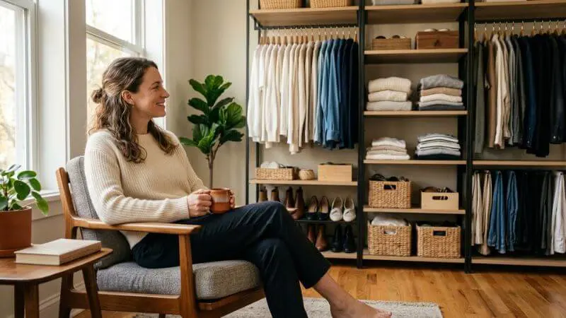 Depois de fazer o Detox de Estilo 2026 Mulher sentada relaxada tomando café e olhando para seu closet organizado.