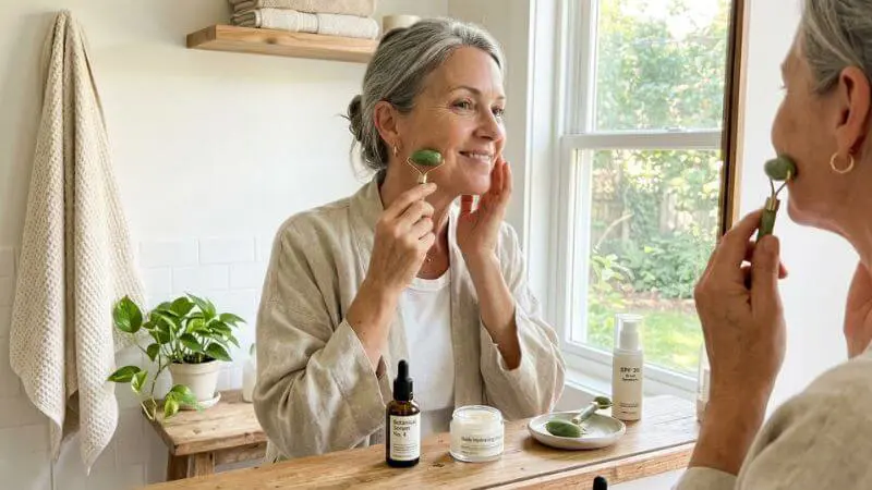 Mulher de 53 anos aplicando hidratante com rolo de jade no banheiro iluminado, rotina de skincare matinal realista