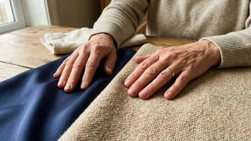 Close-up de mãos maduras tocando tecidos de seda e crepe de lã, focando na textura de qualidade do luxo silencioso.