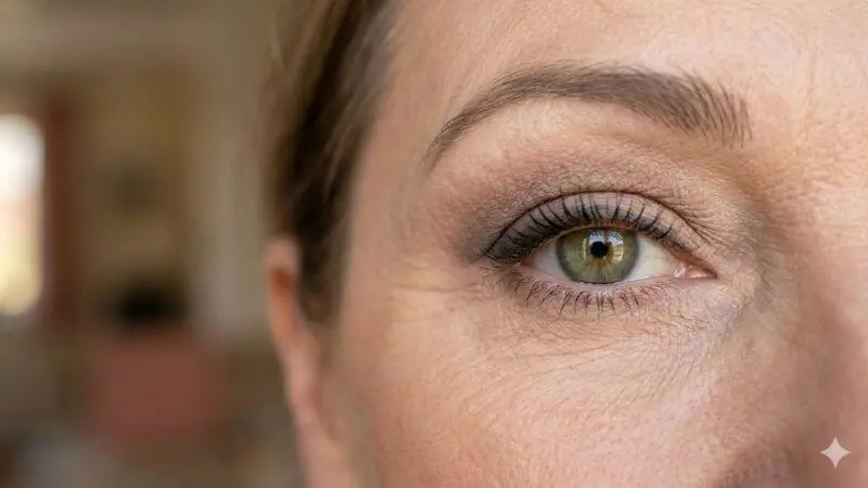 Maquiagem de olhos em pele madura com sombra marrom suave esfumada para levantar o olhar.