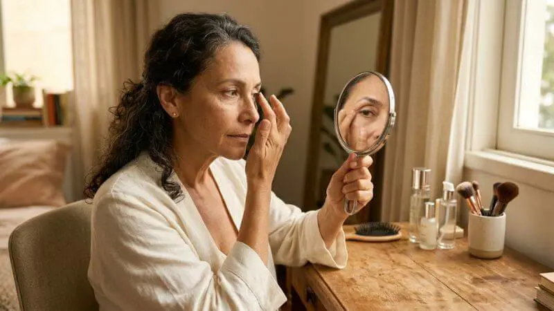 Mulher de 55 anos observando suas sobrancelhas no espelho ao amanhecer, ptose visível, expressão reflexiva e autêntica, luz natural suave