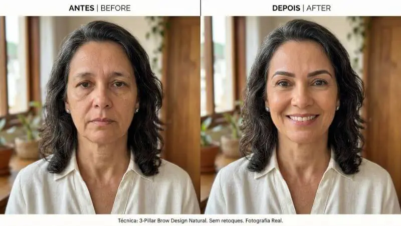Antes e depois real do design de sobrancelhas estratégico em mulher de 55 anos — ptose vs lifting natural com os 3 pilares, mesma luz e roupa